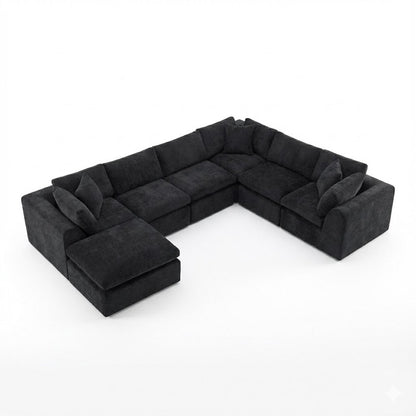 138" Black Chenille Modular Sofa Chaise With Ottoman And Toss Pillows