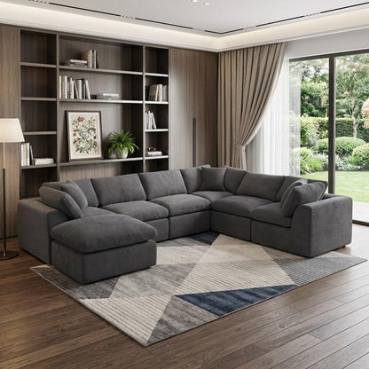 138" Dark Gray Corduroy Modular Sofa With Ottoman And Toss Pillows