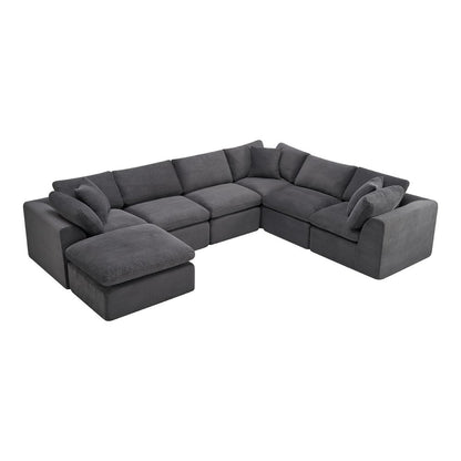 138" Dark Gray Corduroy Modular Sofa With Ottoman And Toss Pillows