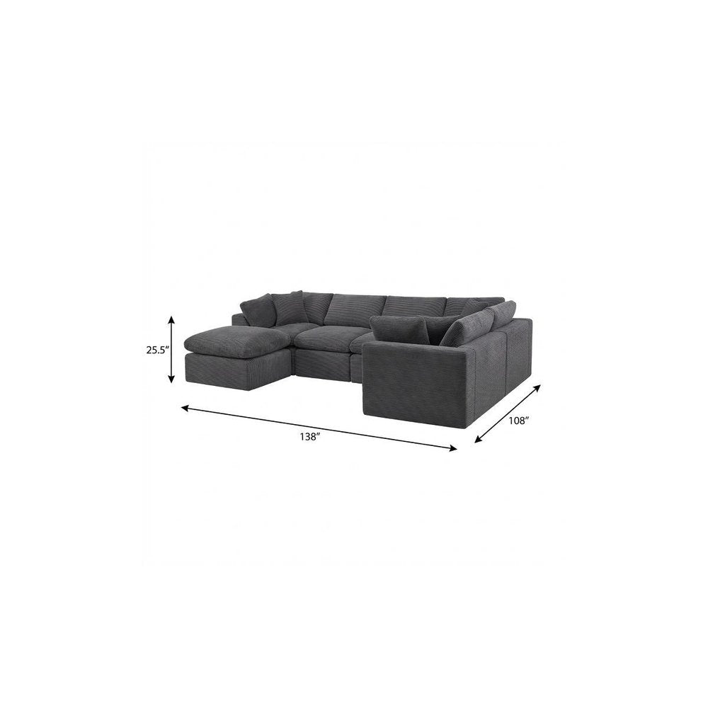 138" Dark Gray Corduroy Modular Sofa With Ottoman And Toss Pillows
