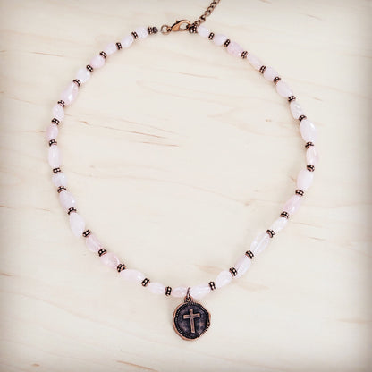 **Rose Quartz Collar Necklace w/ Copper Cross Round Charm 263j