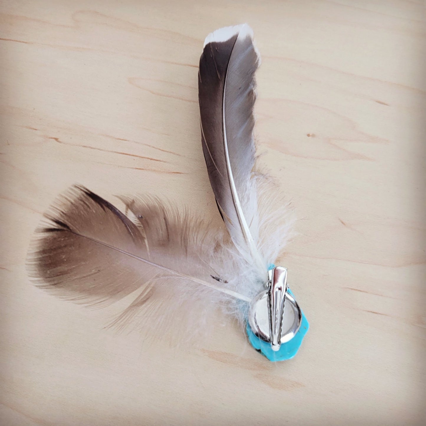 Clip-On Feather Hat Band-Blue Turq w/ Brown Feather 954r