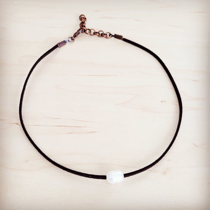 Floating Pearl on Brown Leather Choker Necklace 229R