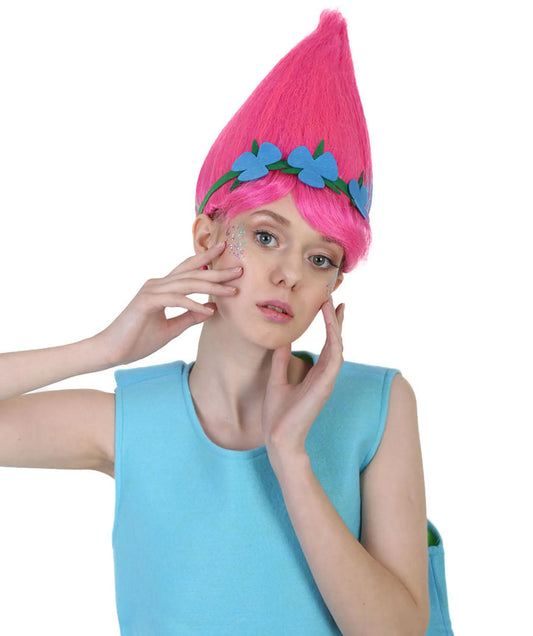 Princess Troll Pink Wig with Green and Blue Felt Flower Crown