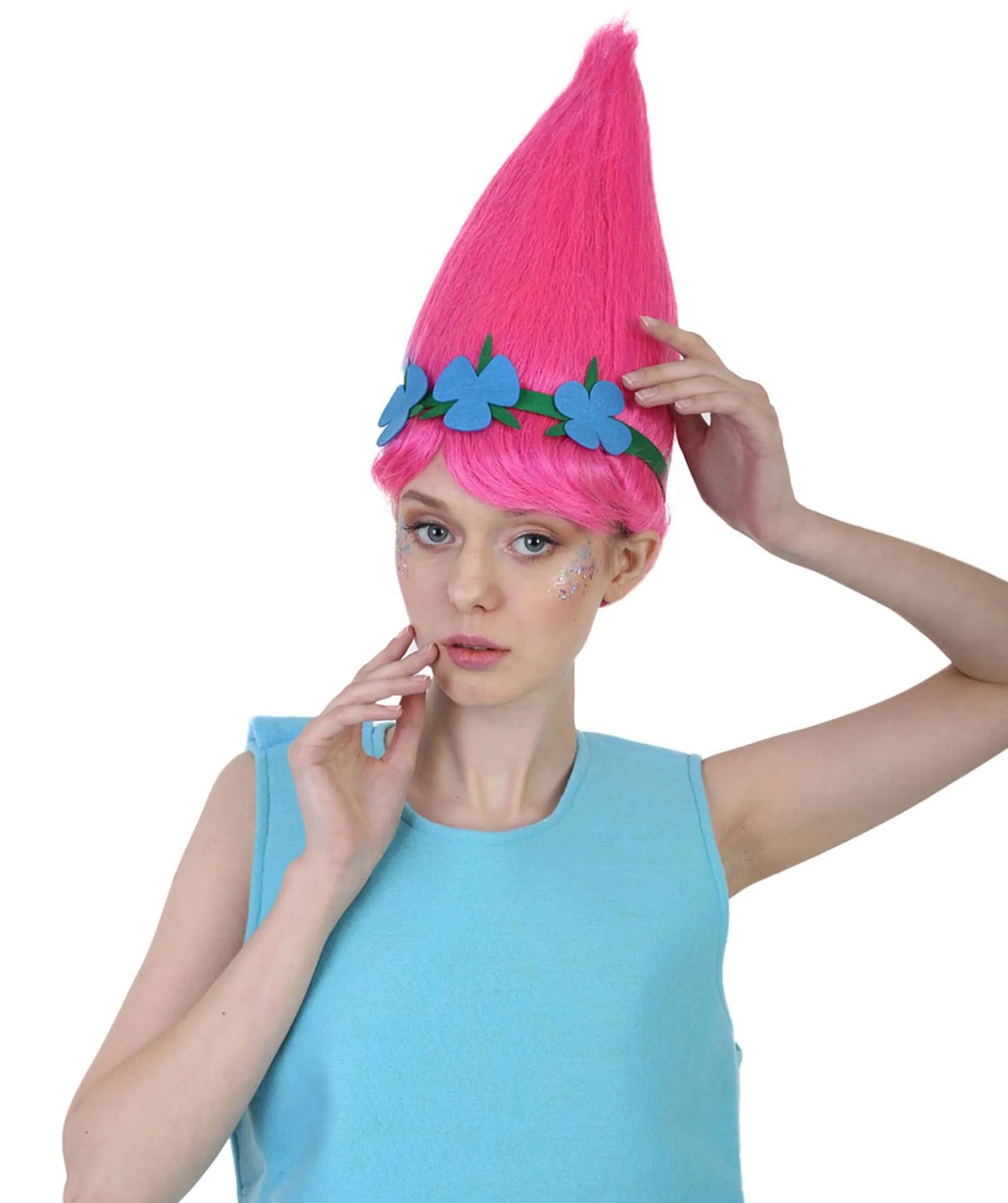 Princess Troll Pink Wig with Green and Blue Felt Flower Crown