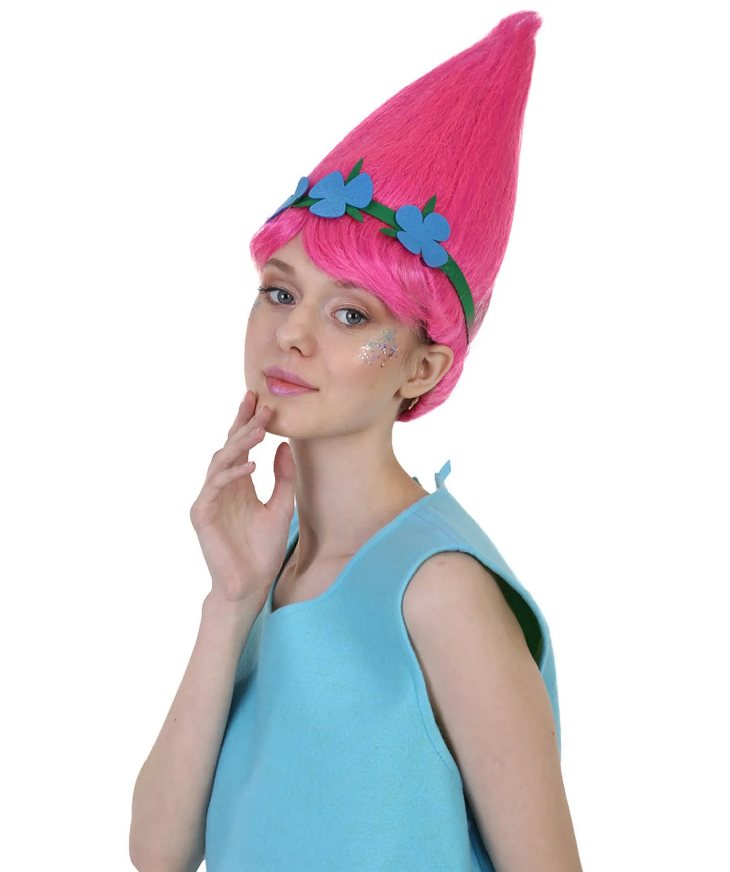 Princess Troll Pink Wig with Green and Blue Felt Flower Crown