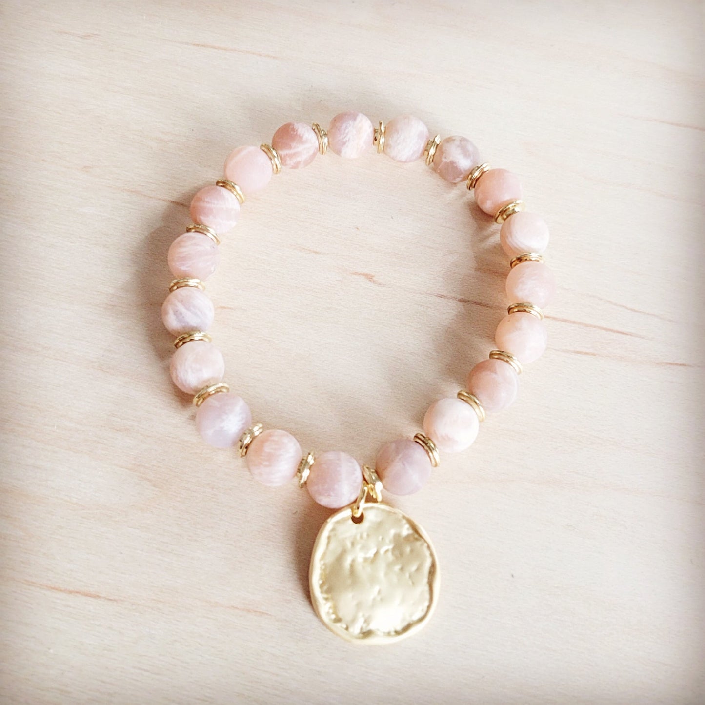 Frosted Sunstone Stretch Bracelet w/ Matte Gold Charm 811q