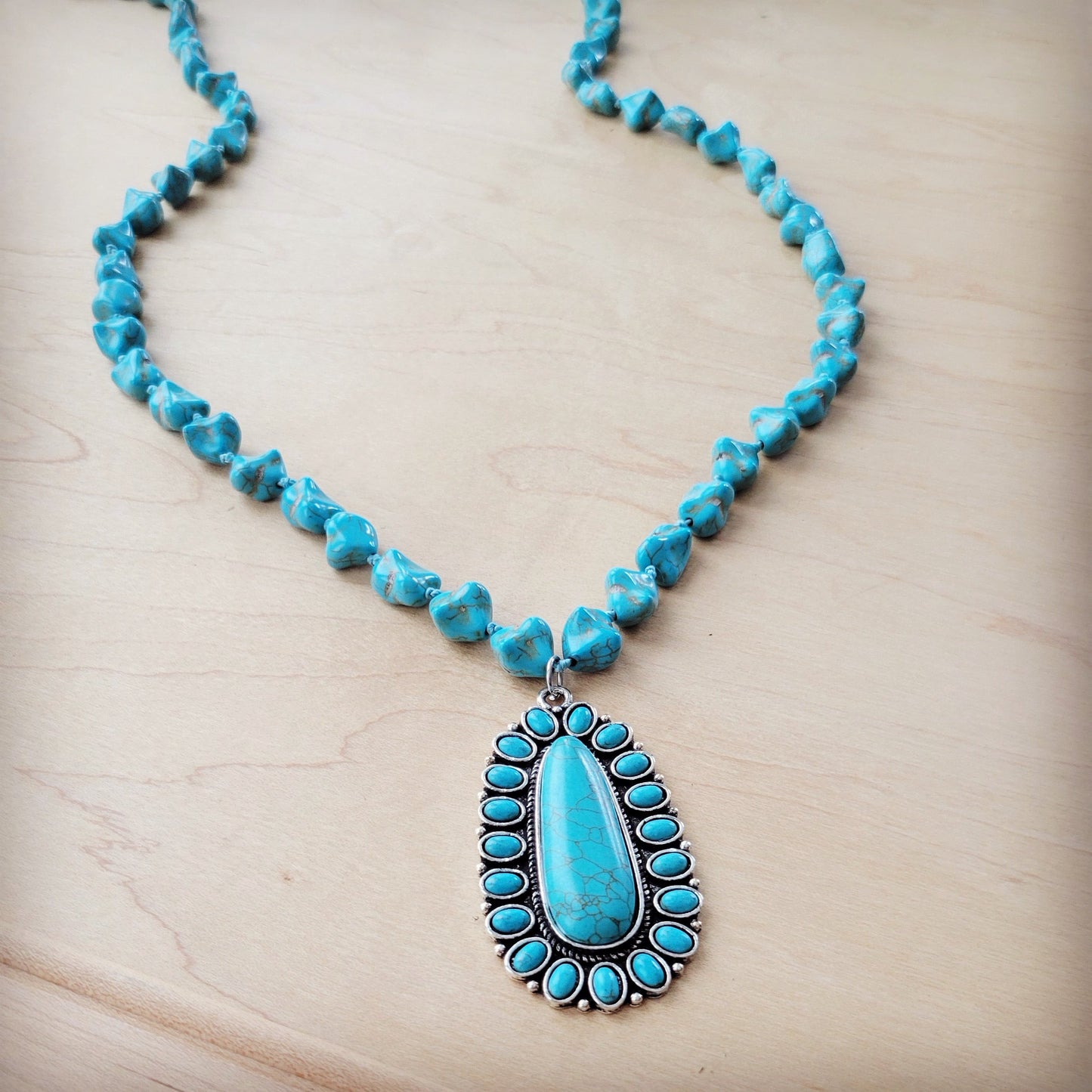 **Long Western Turquoise Beaded Necklace w/ Squash Blossom Pendant 261w