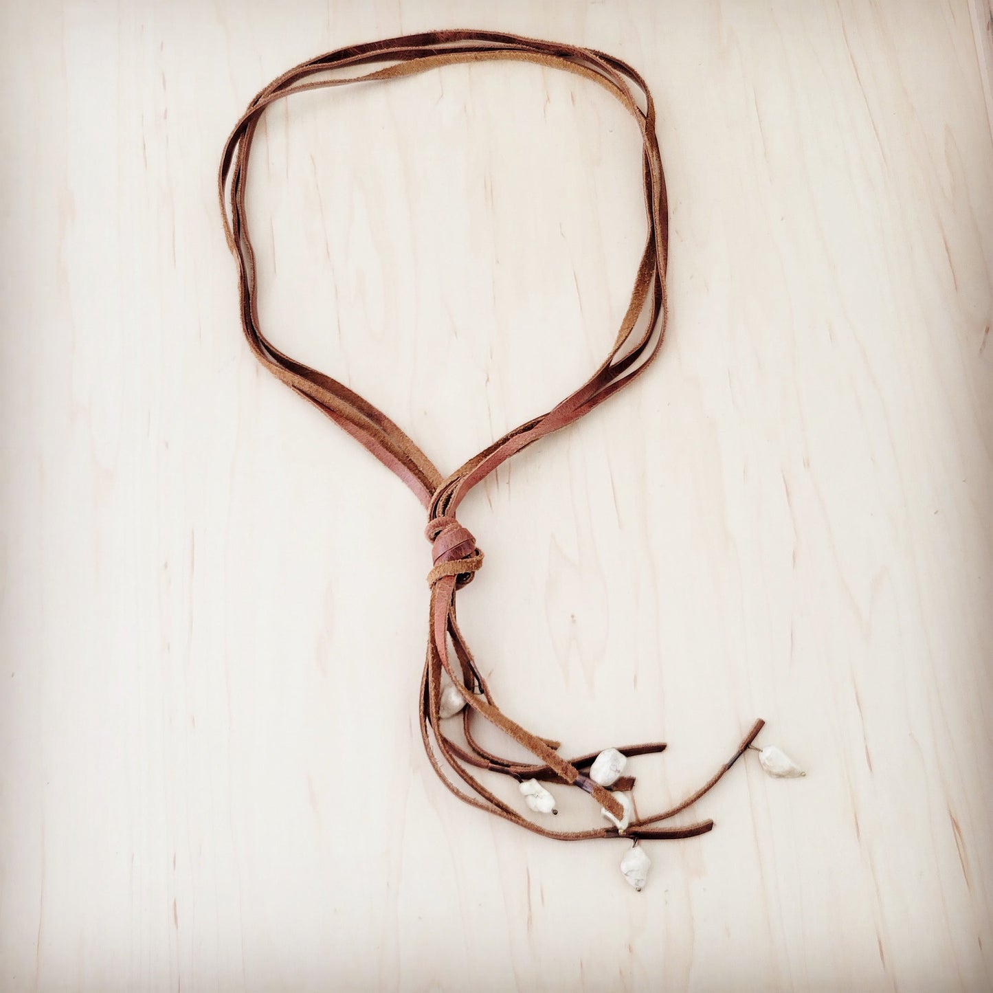 Rustic Knotted Leather Cord Necklace with White Turquoise 263L
