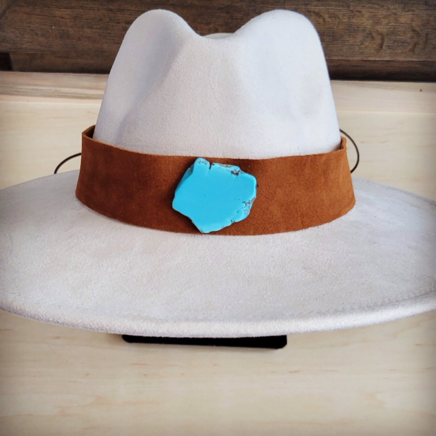 Wide Genuine Leather Tan Suede Hat Band w/ Turq 953r