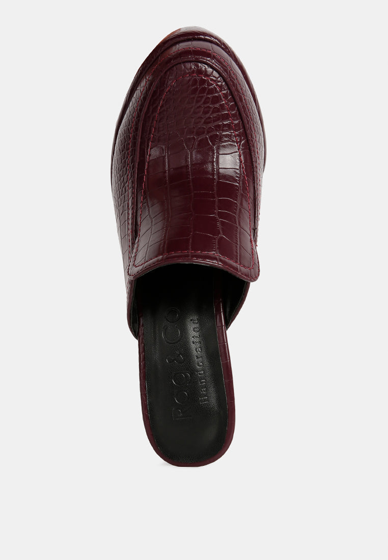 Bauhaus Croc Pattern Heeled Platform Mules