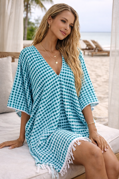 One Size Everyday Cover Up Towel – Beach Perfect , Pom Pom Blue