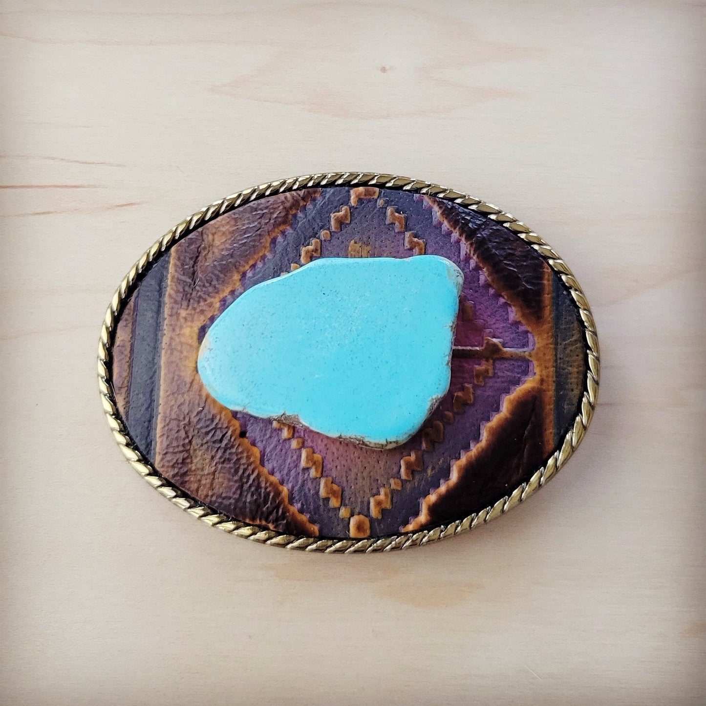 Rope Edge Magenta Navajo Leather Belt Buckle w/ Blue Turquoise 907z