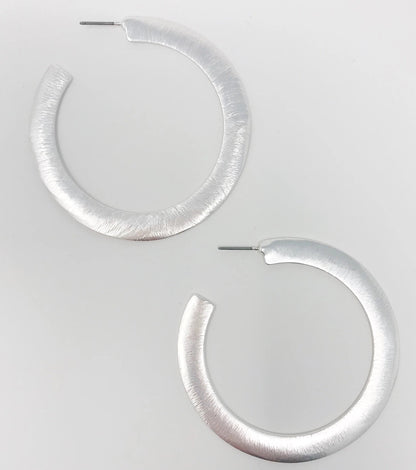 Alma Thick Flattened Metal Hoop Earrings, Silver