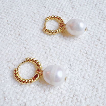 Cabled Huggie Natural Pearl Hoop Earrings