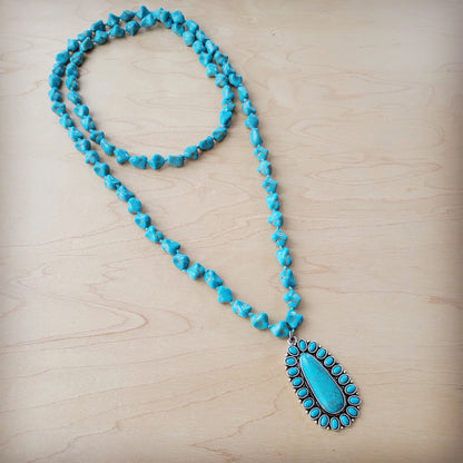 **Long Western Turquoise Beaded Necklace w/ Squash Blossom Pendant 261w