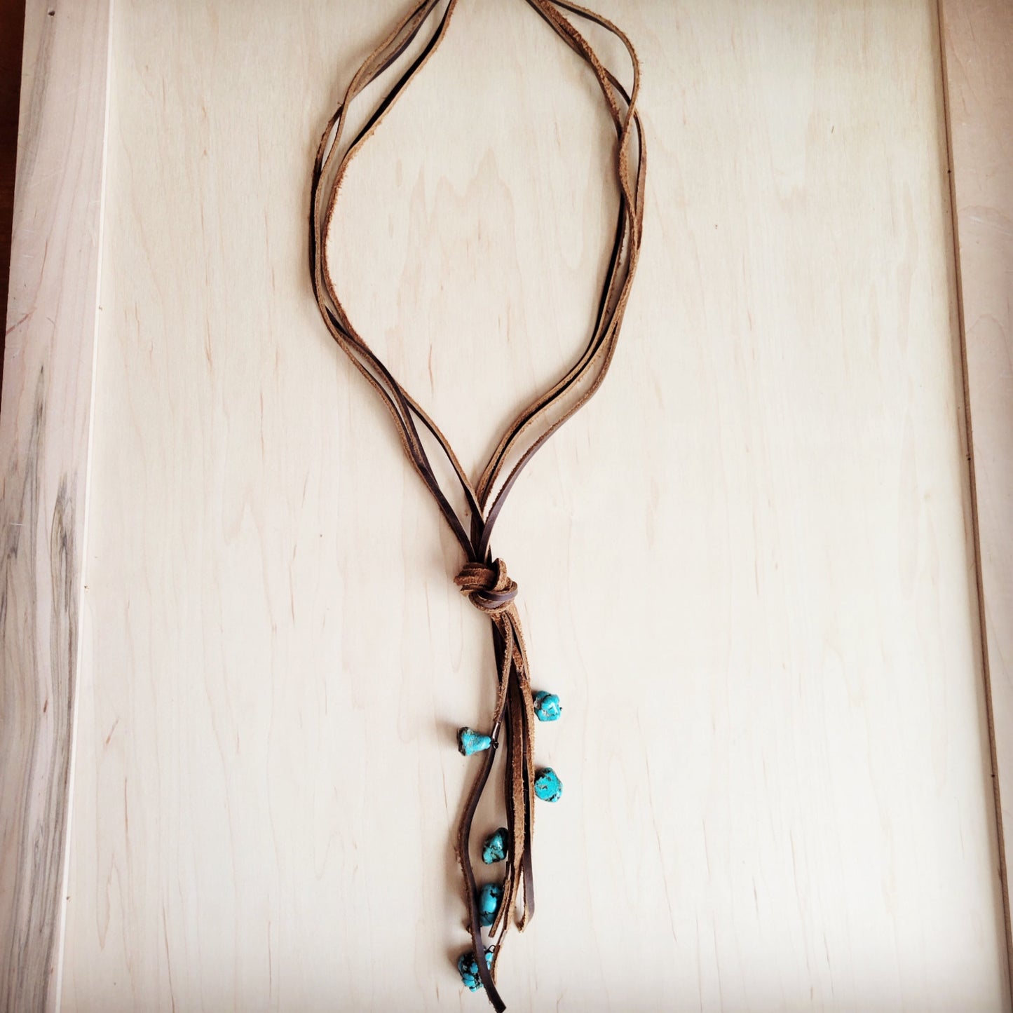 Rustic Knotted Leather Cord Necklace with Turquoise 263g