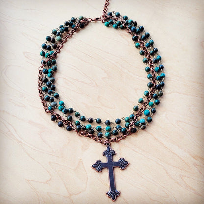 African Turquoise Beaded Collar Necklace w/ Cross Pendant 261c