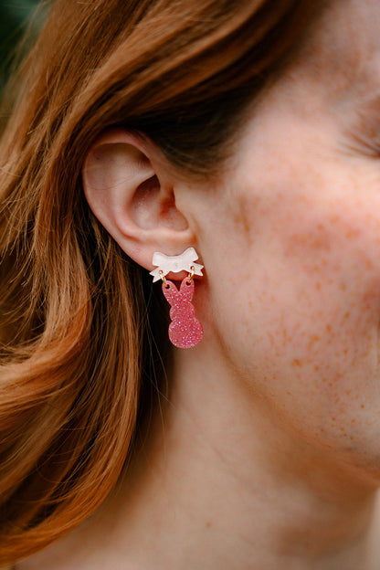 Bow Bunny Earrings - Pink Glitter