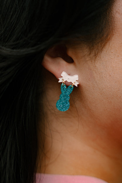 Bow Bunny Earrings - Blue Glitter