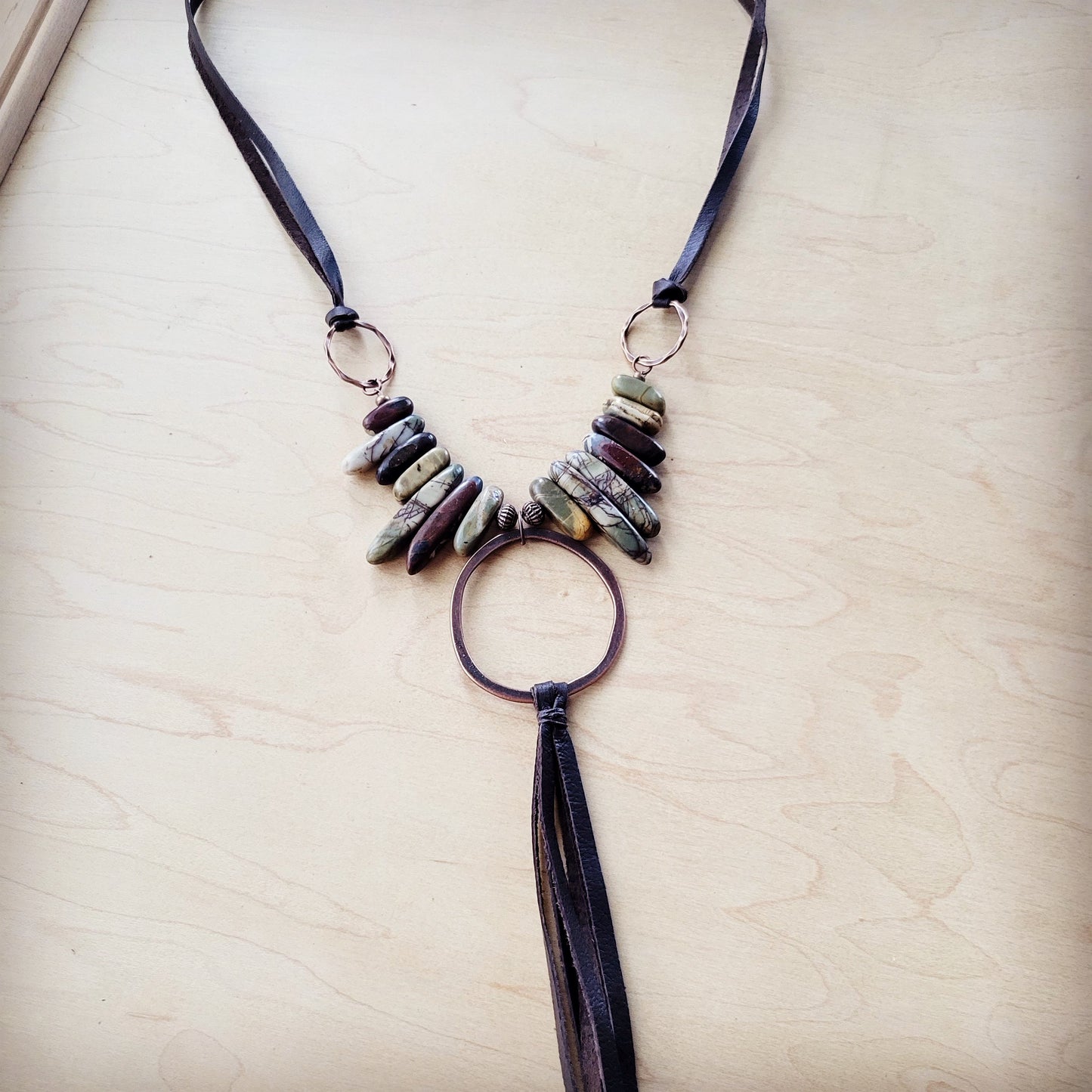Picasso Jasper Necklace w/ Copper Hoop & Leather Tassel 261e