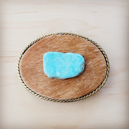 Rope Edge Tan Hide Leather Belt Buckle w/ Blue Turquoise 907u