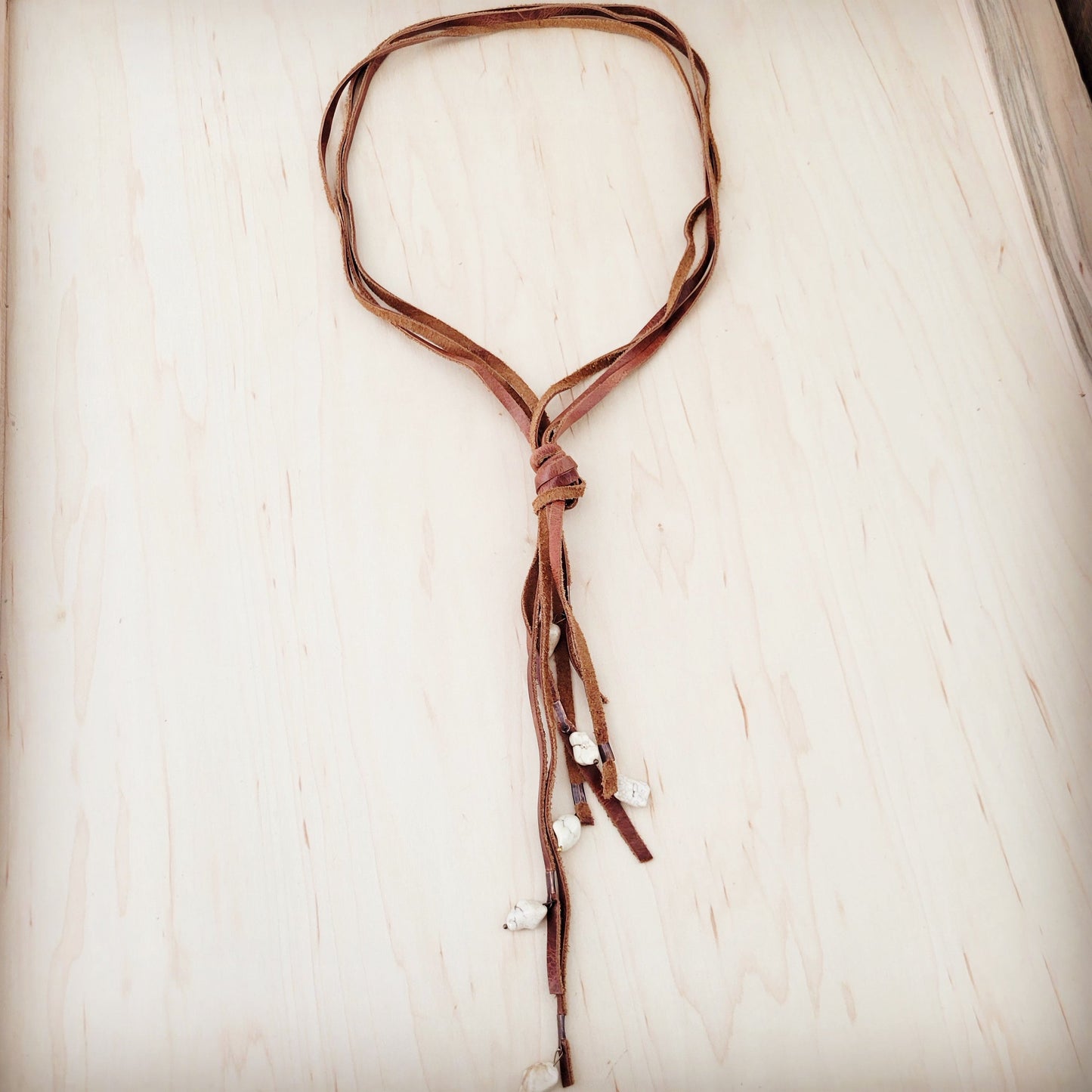Rustic Knotted Leather Cord Necklace with White Turquoise 263L