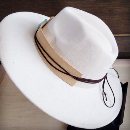 Wide Genuine Leather Bone Suede Hat Band w/ Turq 953v