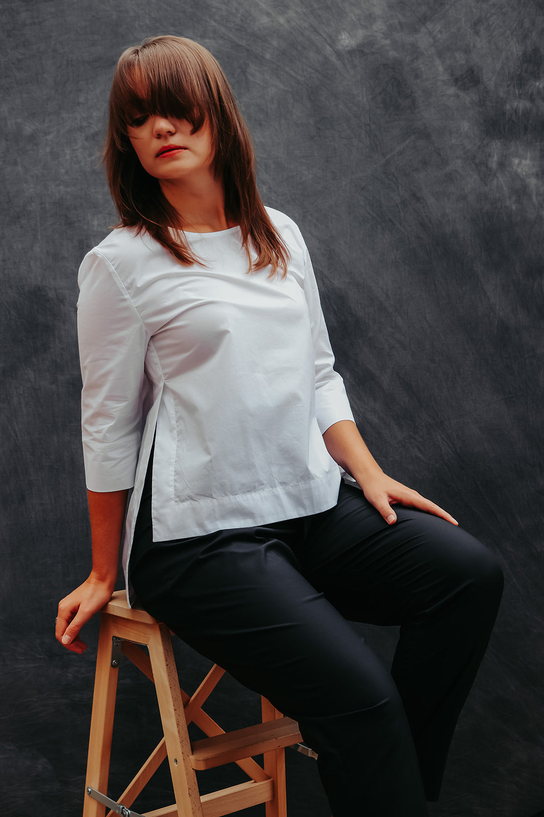 White shirt with side slits 3/4 sleeves premium Cotton
