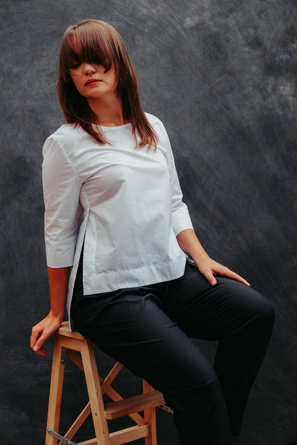 White shirt with side slits 3/4 sleeves premium Cotton
