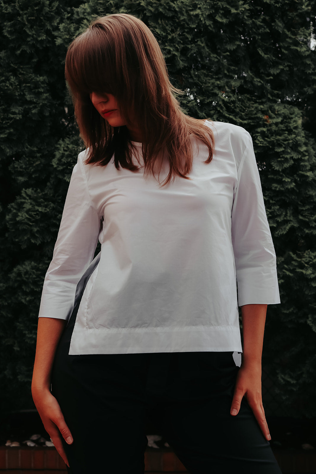 White shirt with side slits 3/4 sleeves premium Cotton