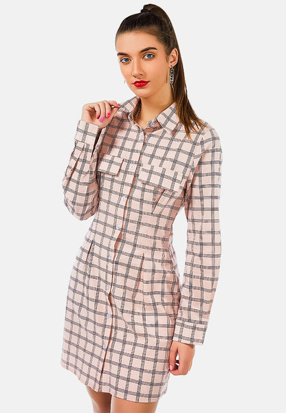 Full Sleeve Chequered Shirt Dress
