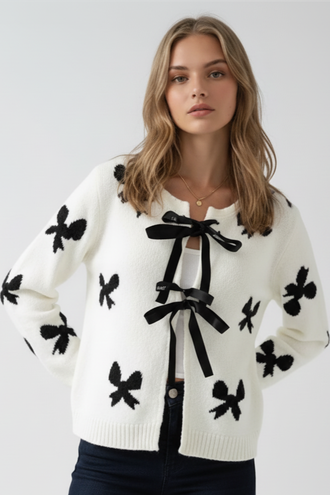 Bow Print Tie-Front Cardigan