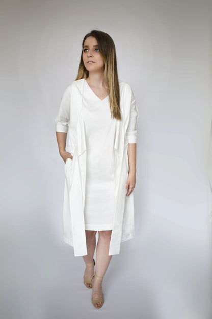 White Dress jacket 3/4 sleeve ties in front with pockets Premium Quality