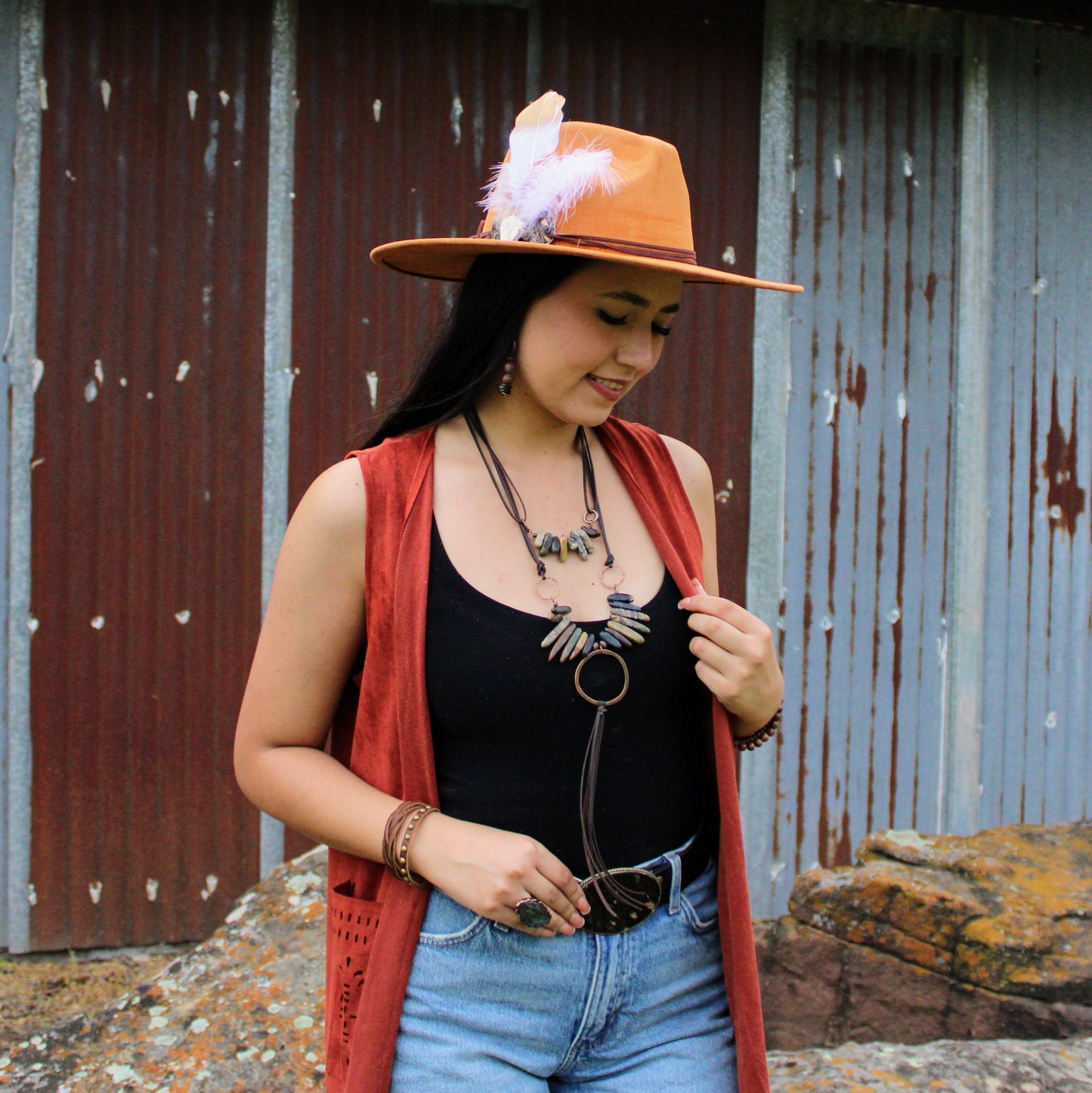 Picasso Jasper Necklace w/ Copper Hoop & Leather Tassel 261e