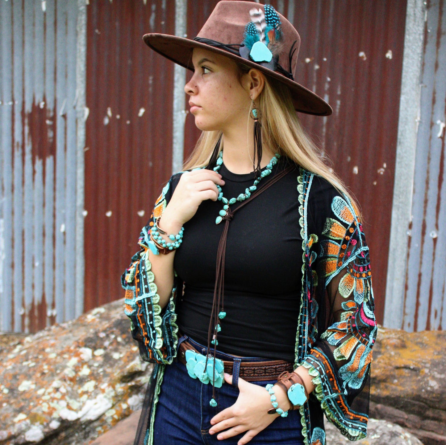 Leather Lasso Necklace with Turquoise Accents 251r