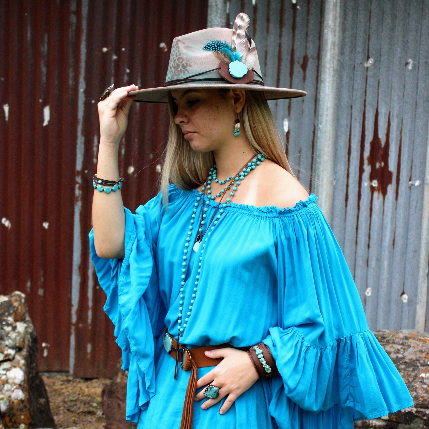 Turquoise Long Beaded Necklace with Antique Copper Cross 255r