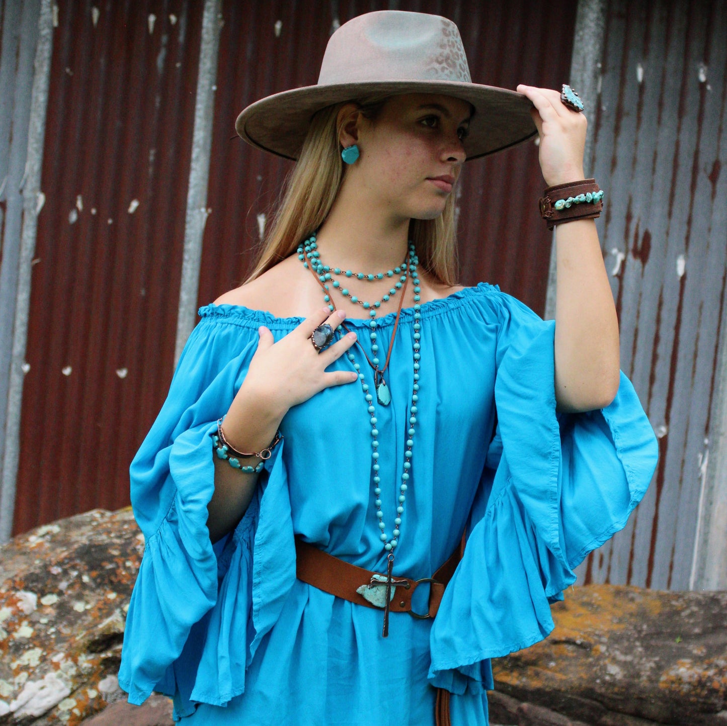 Turquoise Long Beaded Necklace with Antique Copper Cross 255r
