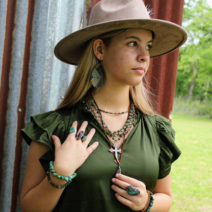African Turquoise Beaded Collar Necklace w/ Cross Pendant 261c