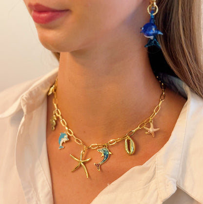 Ocean Play Charm Necklace – Dolphin, Starfish & Shell