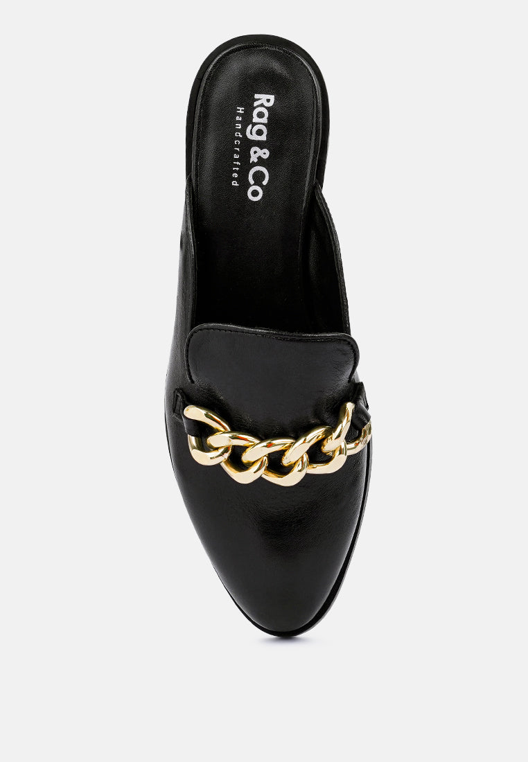 Aksa Chain Embellished Metallic Leather Mules