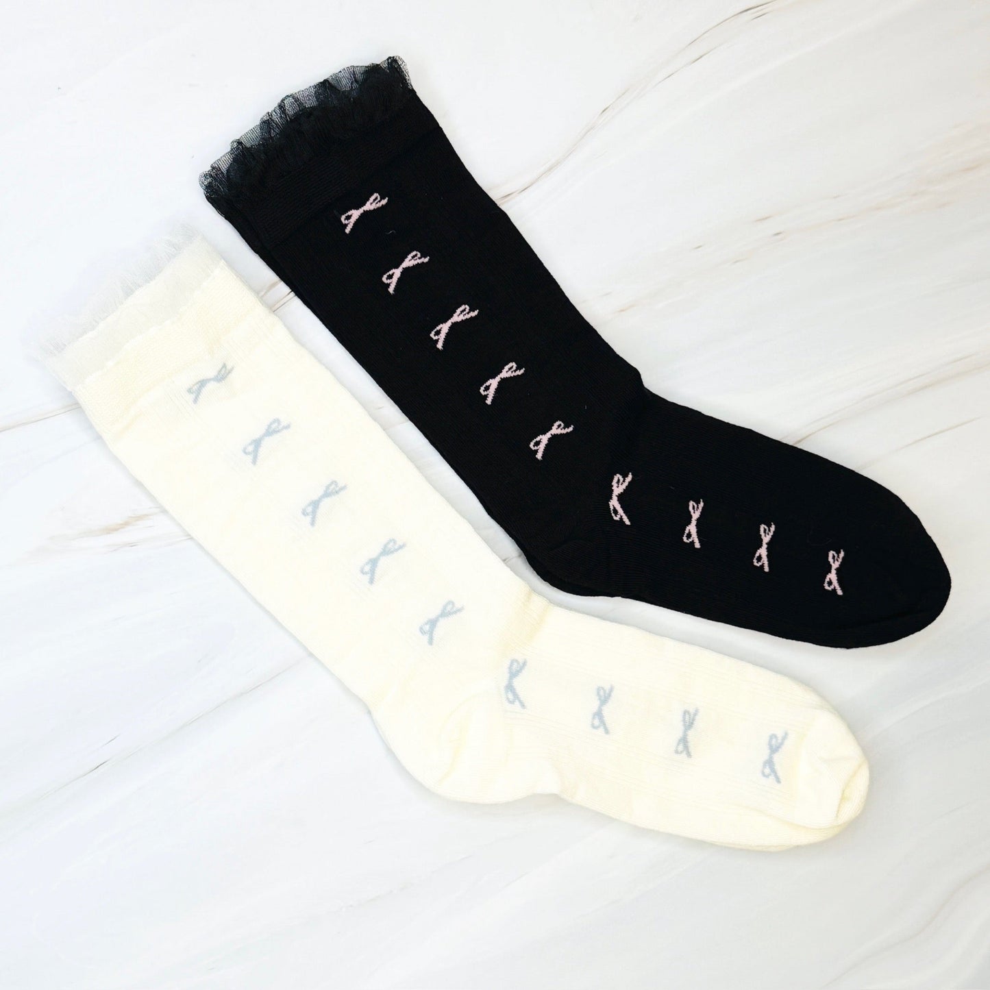 Tulle Top Bow Lined Up Socks Set Of 2