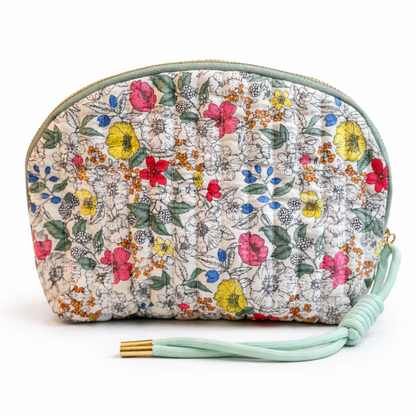 Vintage-Inspired Quilted Floral Cosmetic Case – Curved Makeup Pouch in Soft Pastel Garden Prints