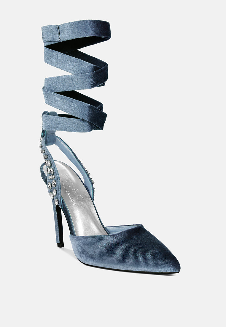 Wallis Blue Velvet Diamante Stud Tie Up Sandals