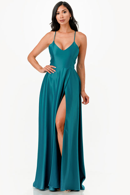 Open side back spaghetti zig zag tie stretch satin gown.