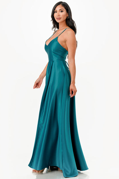 Open side back spaghetti zig zag tie stretch satin gown.