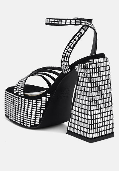 Lustrous Mirror Embellished Flare Block Heel Sandals