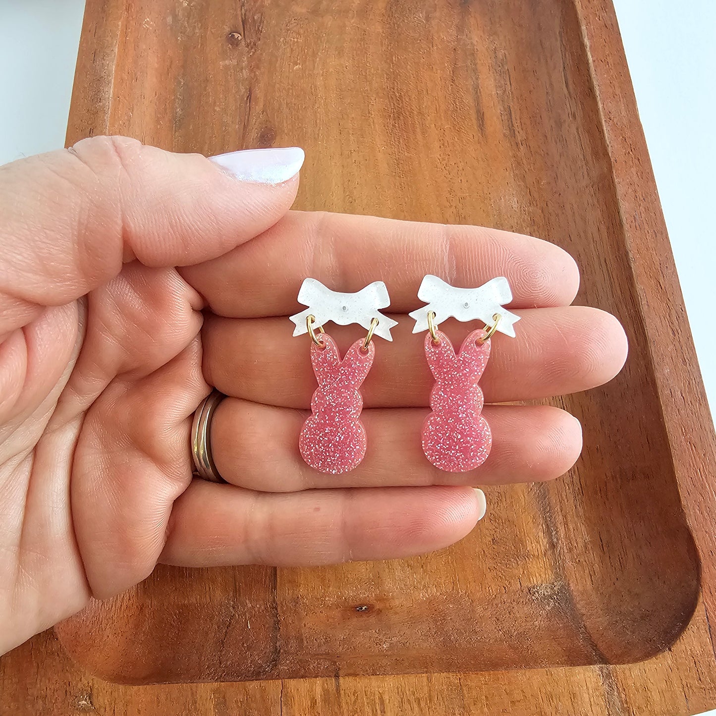 Bow Bunny Earrings - Pink Glitter