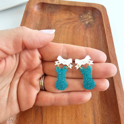 Bow Bunny Earrings - Blue Glitter