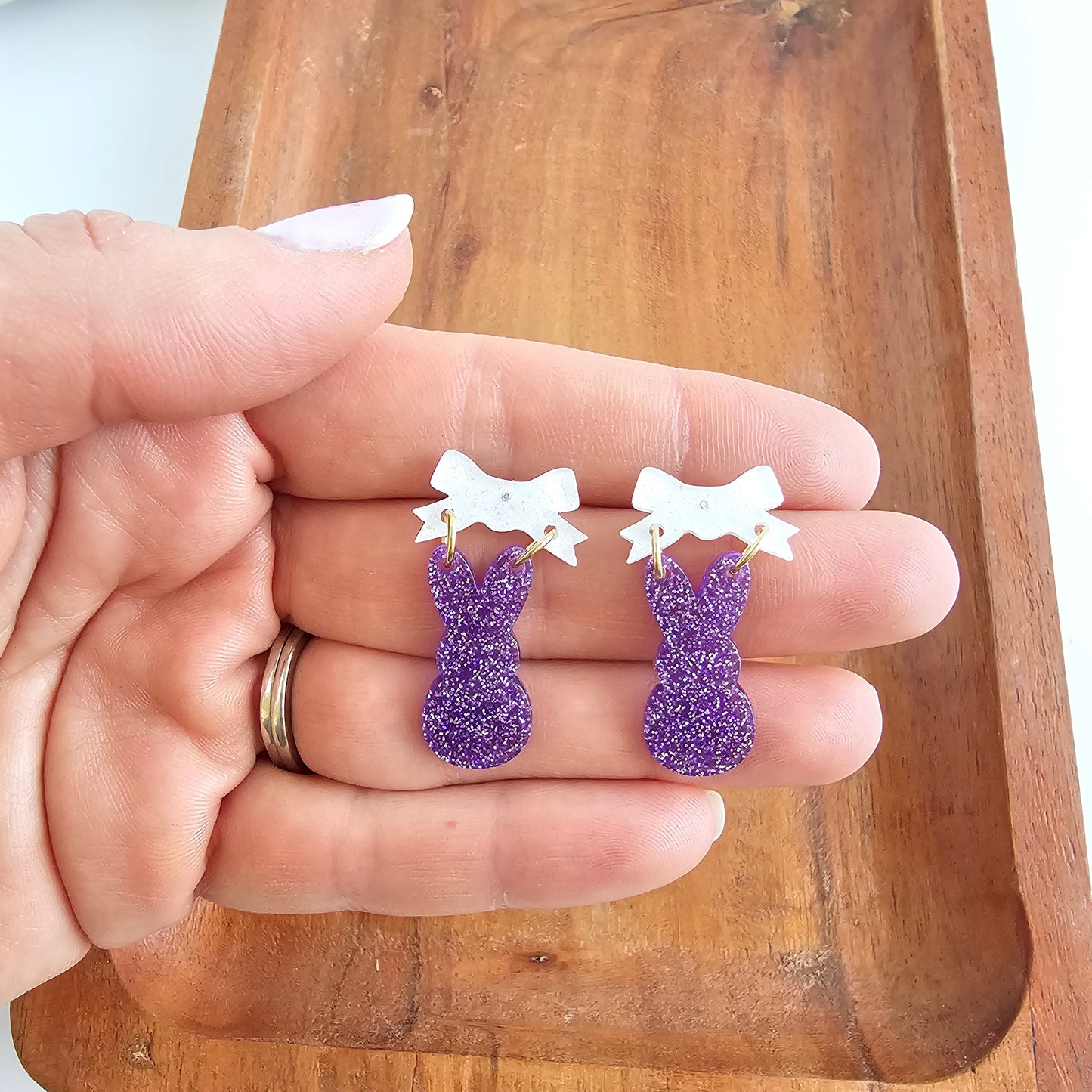 Bow Bunny Earrings - Purple Glitter